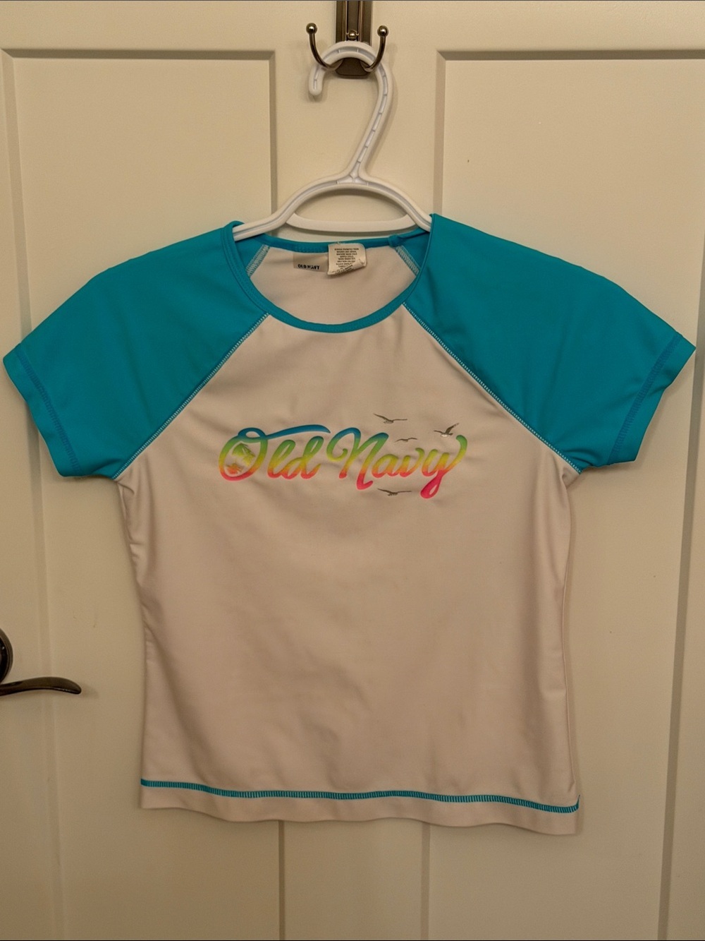 Old Navy White Rash Guard with Teal Raglan Sleeves